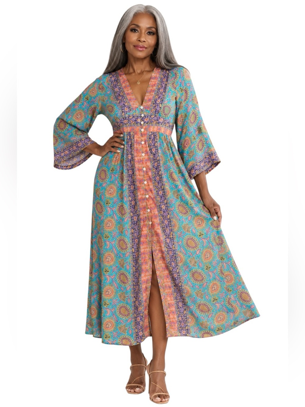 LA FIORENTINA Ben & Lisa Bell Sleeve Paisley Maxi Dress Yellow Green Blue Large